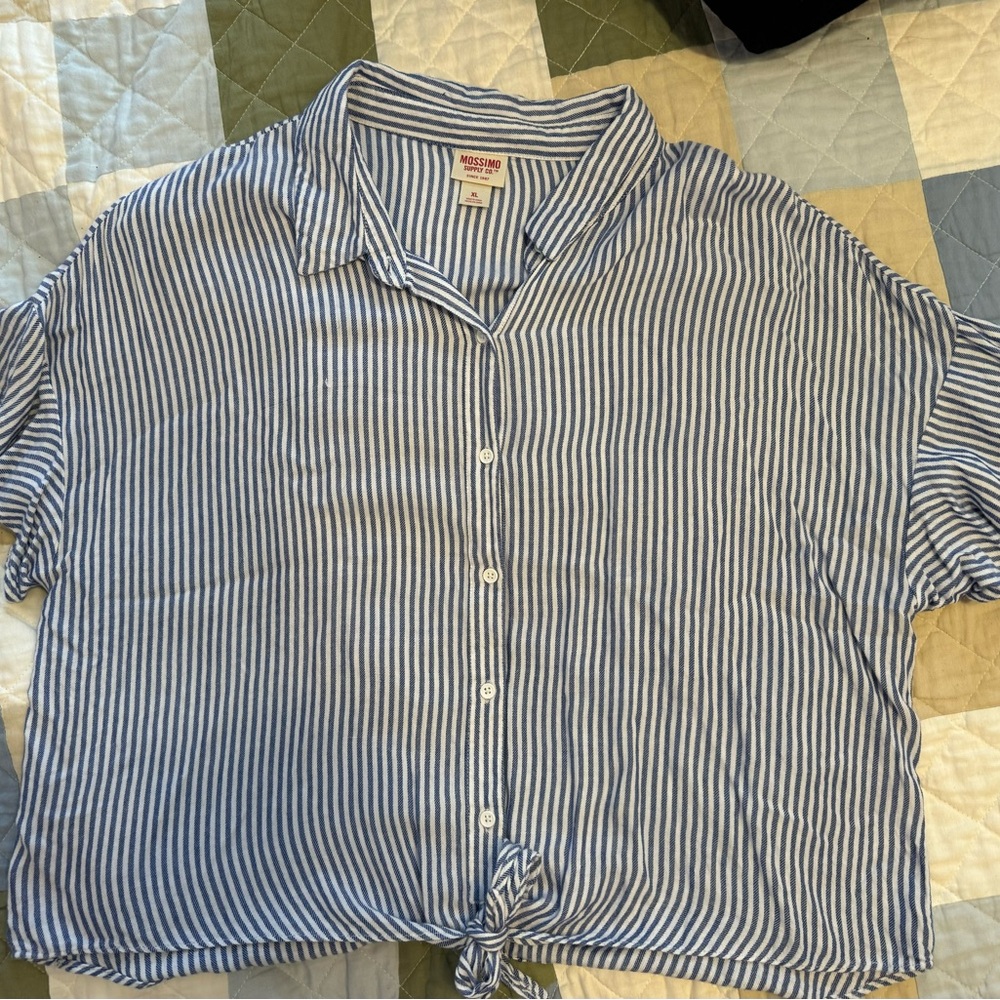 Crop Blue White Striped Collared Button Up - Mossimo Supply Co